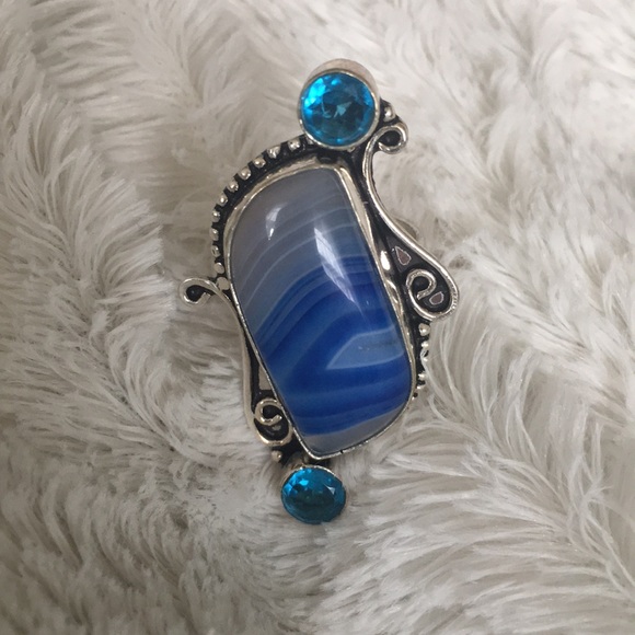 BLUE BOTSWANA AGATE BLUE TOPAZ SZ 9 LADIES’ RING - Picture 2 of 5